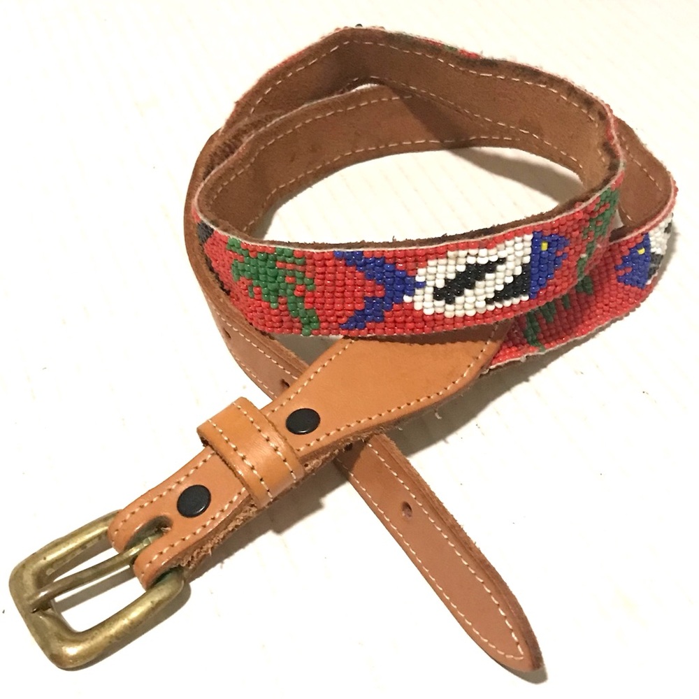 VTG Leather Bead Belt Fish Palm Tree Beaded Beach Summer Boat Belt Women’s Sz-32